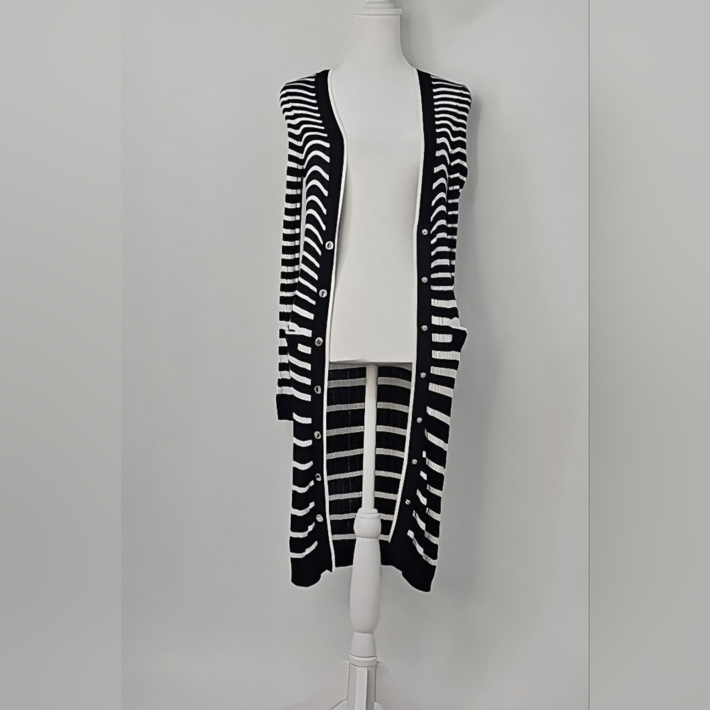 WHBM Vibrant Black & White Striped Nautical Cardigan Duster w Pockets Coastal
